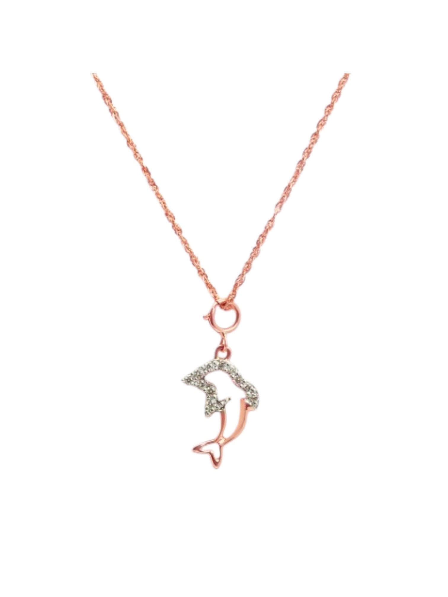 925 Sterling Silver Minimal Dolphin Design CZ Stones Rose Gold Plated Pendant With Chain For Women By Kesardeep